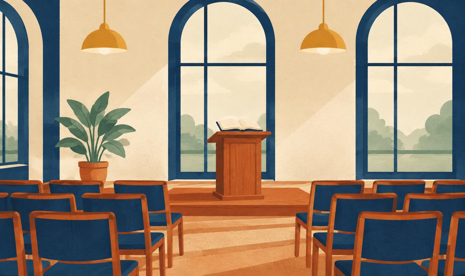 Illustration of a quiet lecture hall with an open book on a lectern
