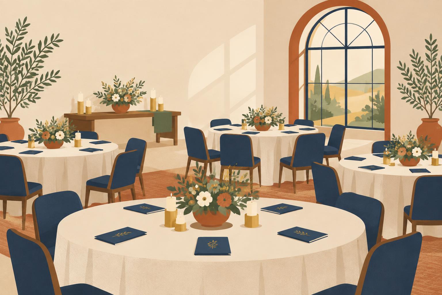 Illustration of a marriage workshop venue with round tables set for couples